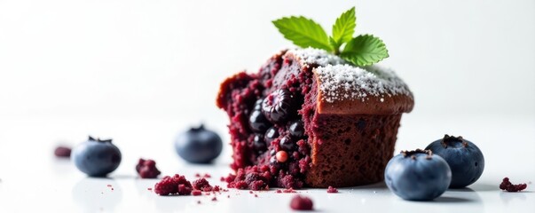 Falling chocolate blueberry muffin with mint, white background, copy space, mint