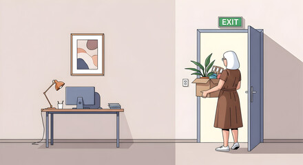 Woman carrying a box of personal belongings, signifying a resignation, job change, or retirement from the office workplace.