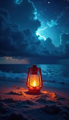 Hurricane lantern glows, beach stars, storm clouds , survival, dark, stars