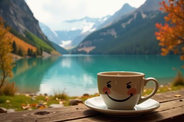 Happy face coffee mug, autumn foliage, mountain lake backdrop Fall relaxation , drink, hot