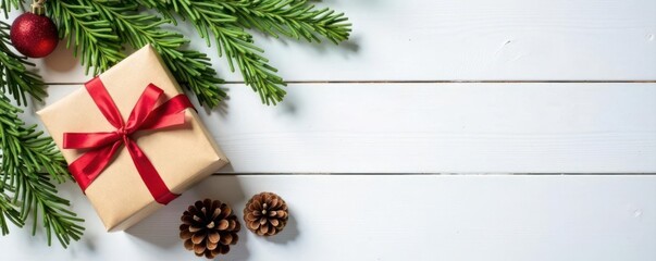 Modern Christmas scene Gift, greenery, pine cones on white wood background , wood, white, texture