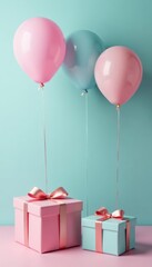 Pastel balloons, shiny ribbons, gift boxes Empty space above , celebration supplies, birthday, festive