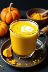 Pumpkin turmeric latte, curcuma powder Asian inspired, healthy beverage , vegan, alternative medicine