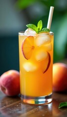 Fototapeta premium Refreshing iced peach tea with mint, close-up , peach tea, fruity