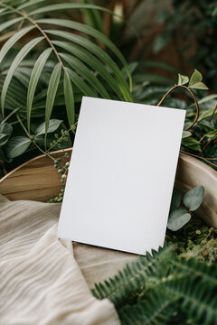 Tropical 5x7 Invitation Card Mockup &ndash; Lush Jungle Greenery and Wooden Tray Scene