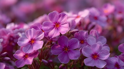 Obraz premium Detailed macro photography of a vibrant, dense patch of bright pink creeping phlox flowers. They are blooming in a spring garden, creating beautiful natural ground cover.