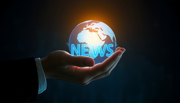 Hand presenting a luminous globe with NEWS text and world map detail earth