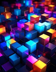 Obraz premium A vibrant assortment of colorful cubes in various sizes, showcasing bright hues of red, blue, green, yellow, and orange, arranged playfully on a white surface.