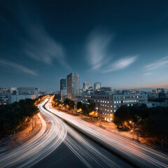 Fototapeta premium Night cityscape featuring streaks of light from cars on a highway. Modern buildings define the skyline against a dramatic sky, perfect for illustrating urban life.