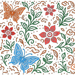 Batik Butterfly Seamless Pattern. Traditional Butterfly Vector Background. Seamless Batik Butterfly Design. Ethnic Butterfly Pattern Vector. Decorative Batik Butterfly Motif. Seamless Batik Butterfly