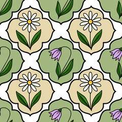 Seamless vector pattern of delicate daisies and bellflowers with green leaves on a quatrefoil background.