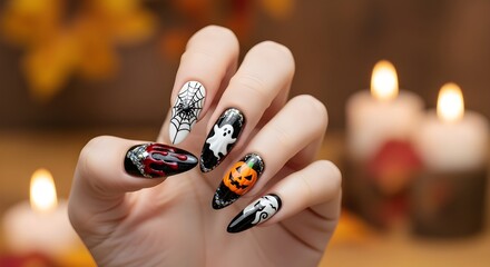 Creative Halloween nail art design for spooky season isolated on White Background
