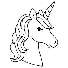 Stylized vector illustration of a unicorn head with flowing mane and spiral horn, presented in a clean, minimalist outline style on a white background.