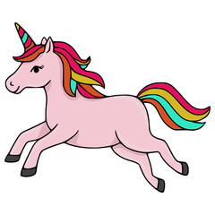 Playful pink unicorn with a rainbow mane and horn, captured in a dynamic running pose, perfect for whimsical vector illustrations.