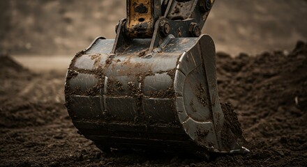 Close-up view of a dirty excavator bucket during an excavation task, heavy machinery at work