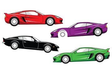 Vector art of four colorful sports cars in different angles, red, purple, black and green, , showcasing automotive design and modern transportation