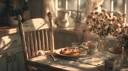 Cozy Rustic Kitchen with Pancakes and Flowers in Warm Morning Light