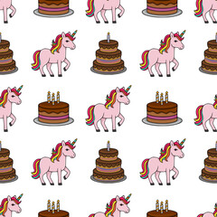 Whimsical vector seamless pattern featuring pink unicorns with rainbow manes and tails alongside tiered chocolate birthday cakes adorned with candles.