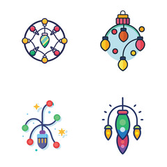 Fairy Lights Icon set | Flat Decorative String Lights for Christmas and Party