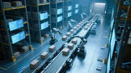 Smart factory automation logistics warehousing conveyor belt industry background