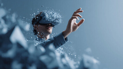 Immersive tech concept. Man using VR headset breaks into digital particles, symbolizing transformation, innovation, and the power of virtual reality. Use for tech, gaming, future.