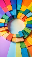 Fototapeta premium A vibrant circle crafted from assorted wooden blocks, showcasing a spectrum of colors including red, blue, yellow, and green, arranged harmoniously.