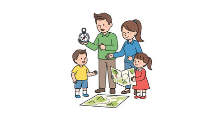 Obraz premium Cartoon Family Using Map and Compass for Outdoor Navigation and Adventure.