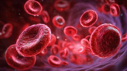 Dynamic background of red blood cells and plasma flowing inside blood vessels, microscopic medical illustration style, vibrant crimson and deep red tones, soft glowing highlights, detailed cellular.