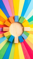 A vibrant circle of assorted wooden blocks in various colors, showcasing bright reds, blues, greens, and yellows, arranged neatly for playful creativity.