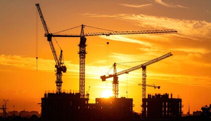 Silhouetted Cranes Against Fiery Orange Sunset Sky Construction Urban Landscape Warm Tone