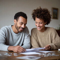 Obraz na płótnie Canvas Happy couple reviewing documents together at home. Represents partnership, finance, or shared goals. Perfect for illustrating financial planning, relationships, or family life.
