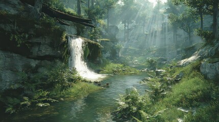 Misty Forest Waterfall Scene
