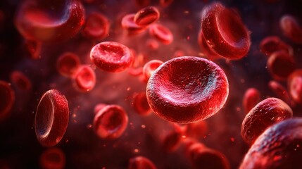 Dynamic background of red blood cells and plasma flowing inside blood vessels, microscopic medical illustration style, vibrant crimson and deep red tones, soft glowing highlights, detailed cellular.