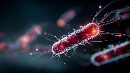 Obraz premium Scientific and medical illustration showing an ultra-detailed 3D microscopic view of red, rod-shaped bacteria, highlighting intricate flagella and cellular texture in the dark.
