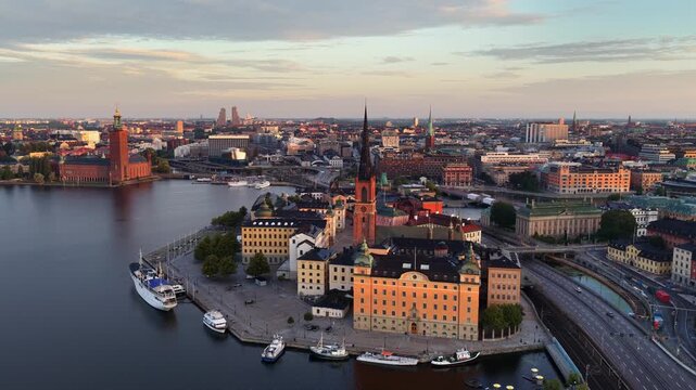 downtown Stockholm drone shot at sunrise, Stockholm is the capital of Sweden, Swedish travel, Scandinavian city skyline, tourism in Stockholm