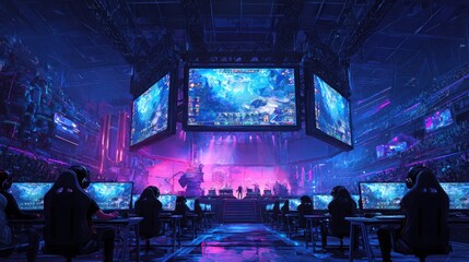 Dynamic e-sport background, professional gaming arena with players competing on stage, large LED screens displaying live gameplay, futuristic neon lighting in blue and purple, gaming peripherals like.