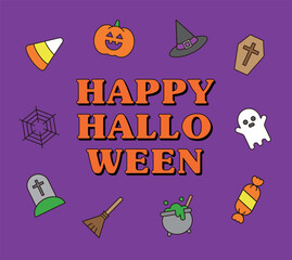 A festive Halloween graphic with the phrase "Happy Halloween." Featuring fun icons like pumpkins, ghosts, witch hats, candy, brooms, spiderwebs, and graveyards.
