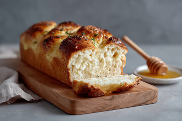 Golden braided challah bread sliced on a wooden board with a drizzle of honey nearby, showcasing its fluffy texture and crispy crust