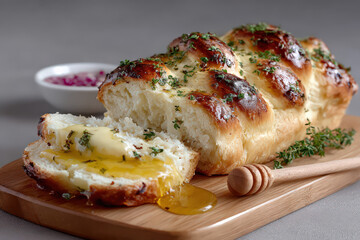 Braided challah bread with a golden crust sliced on a wooden board, drizzled with honey and topped with fresh herbs, creating a delicious and inviting scene
