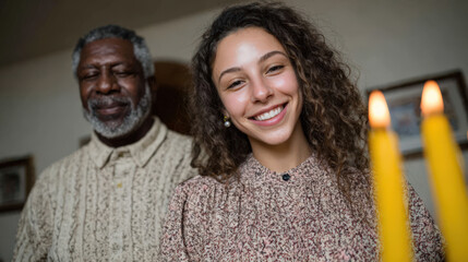 A joyful African-American man and a young Caucasian woman smile warmly as they prepare to bless the food at a Kwanzaa dinner table with lit yellow candles