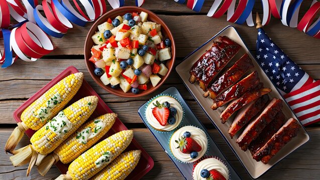 Festive Fourth of July Picnic Table with American Flag Decoration - Powered by Adobe
