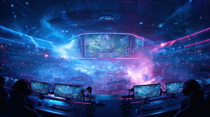 Dynamic e-sport background, professional gaming arena with players competing on stage, large LED screens displaying live gameplay, futuristic neon lighting in blue and purple, gaming peripherals like.