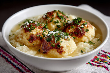 A steaming bowl of matzo ball soup features fluffy matzo balls garnished with fresh herbs, set against a decorative cloth for a festive presentation