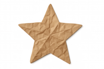 Crumpled brown paper star shape with rough texture providing a craft element. Transparent background