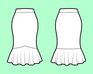 Shaped Yoke Mermaid Skirt with Gathered Flounce Hem Technical Flat Sketch