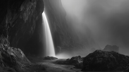 Waterfall in a Dark Misty Gorge