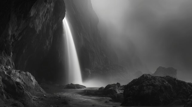 Waterfall in a Dark Misty Gorge