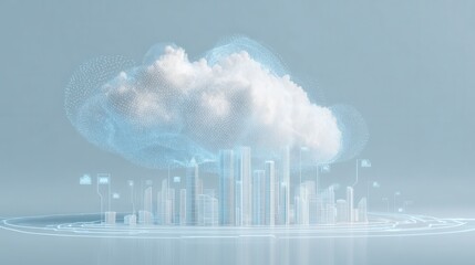Abstract digital cloud computing network over a futuristic city skyline