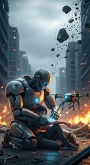 Fototapeta premium Robot Helping Injured Person In Ruined City With Drone human rescue