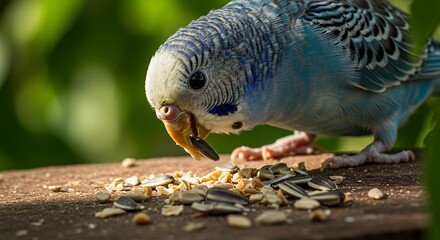 Close up of a blue and green parakeet eating seeds outdoors with natural sunlight